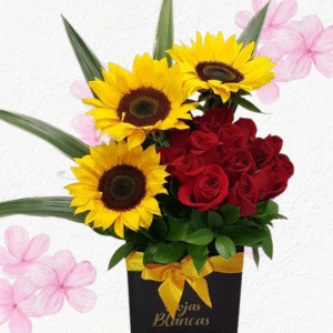 Box cuadrado en 10 rosas importadas y 3 radiantes girasoles