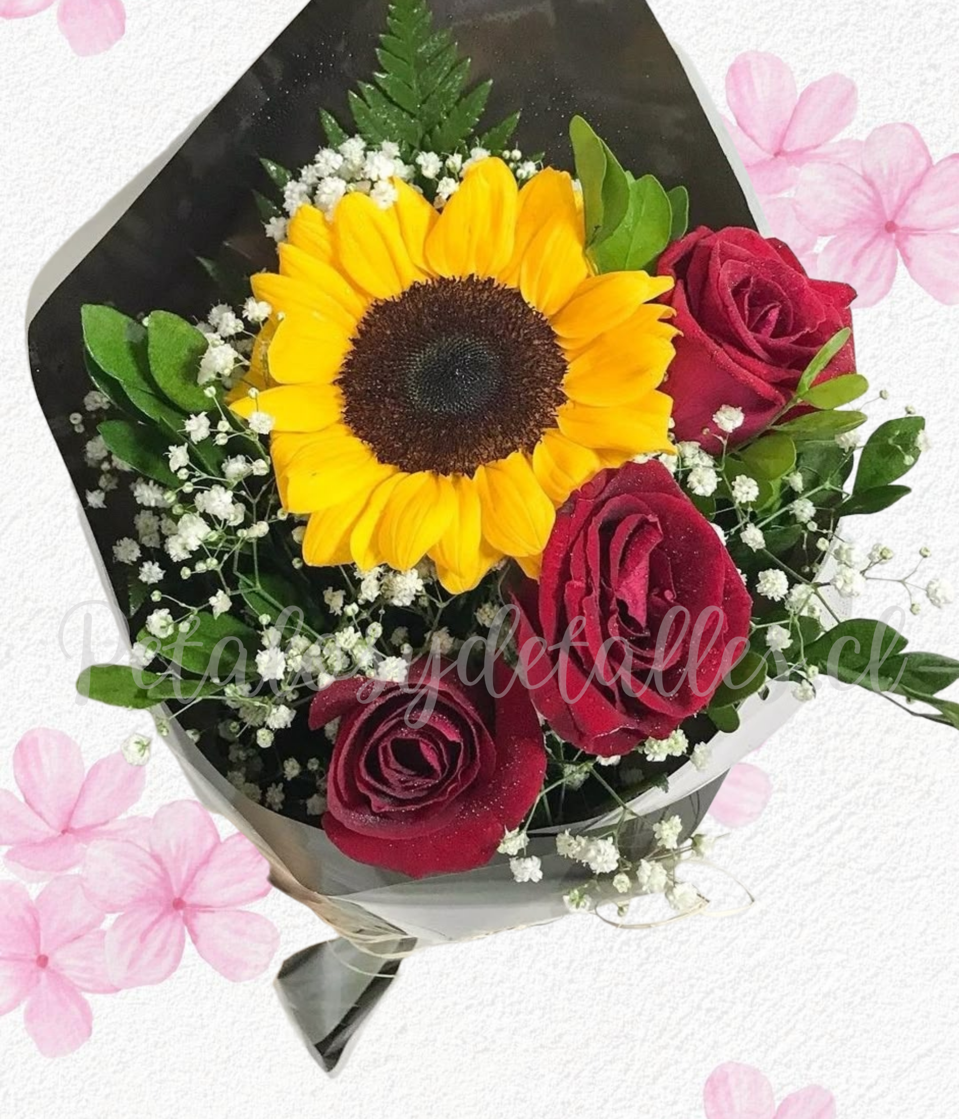 Ramo promoción en 3 rosas importadas y 1 girasol