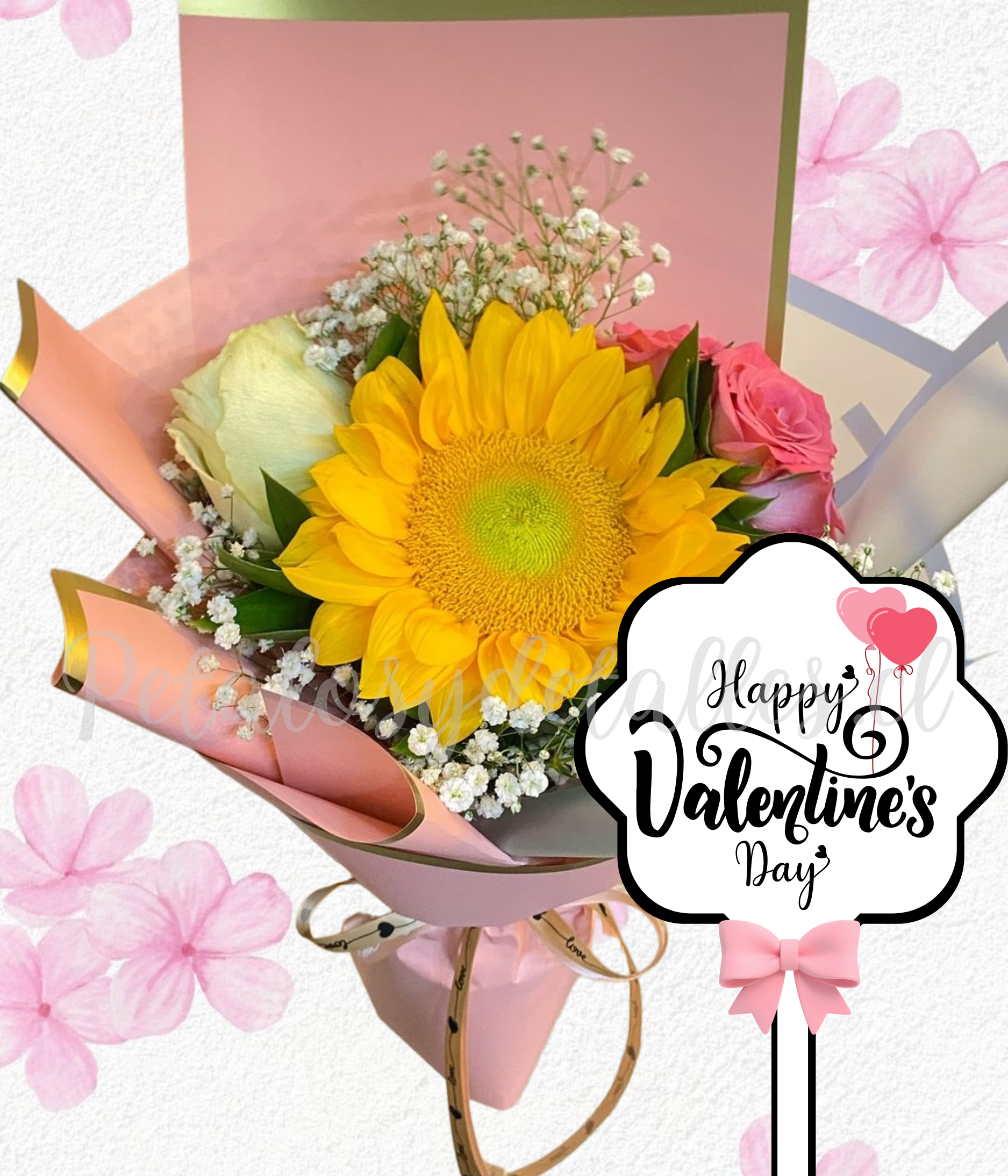 Ramo tropical en 2 rosas importadas y gerbera o girasol+topper