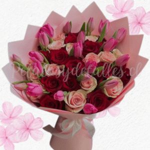 Elegante ramo bouquet en 20 rosas importadas y 20 tulipanes