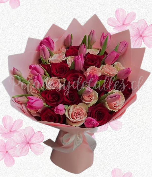 Elegante ramo bouquet en 20 rosas importadas y 20 tulipanes