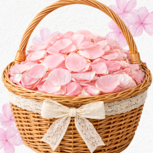 Pétalos de rosas naturales rosados, en canasta y lazo