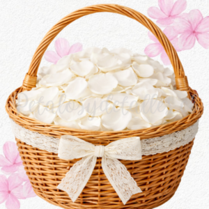 Pétalos de rosas naturales blancos, en canasta y lazo