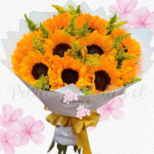 Ramo de 12 girasoles, follaje verde y linda envoltura