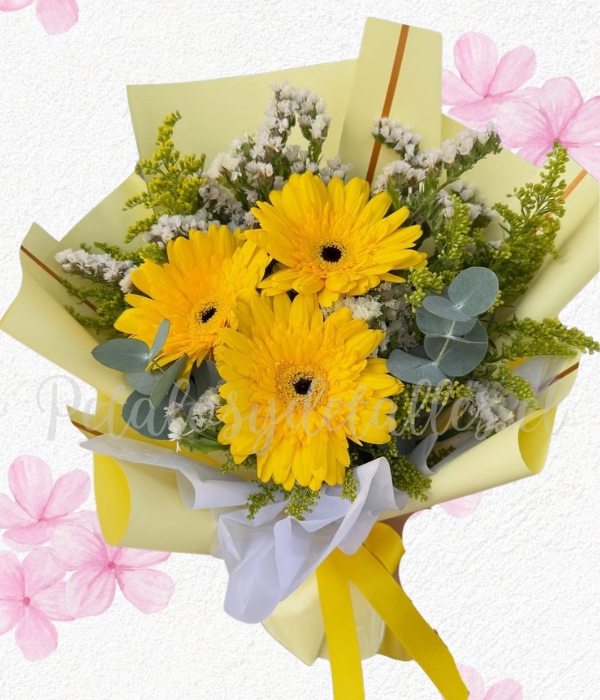 Ramo de 3 delicadas gerberas, follaje y envoltorio