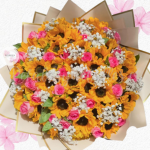 Ramo en 50 girasoles y 25 rosas importadas, Envoltorio y follaje