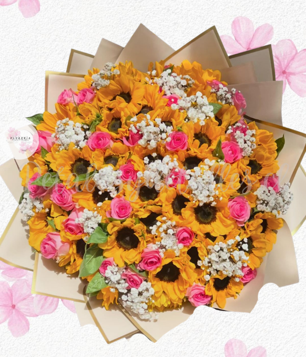 Ramo en 50 girasoles y 25 rosas importadas, Envoltorio y follaje