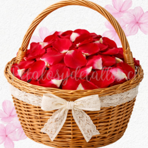 Pétalos de rosas naturales rojas, en canasta y lazo