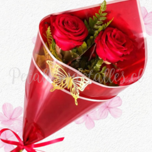 Ramito cono en 2 rosas importadas, envoltura y lazo