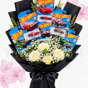 Ramo HOT WHEELS en 6 carritos y 4 rosas importadas