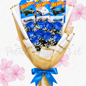 Ramo día del novio en 8 rosas importadas y 3 autos HOT WHEELS
