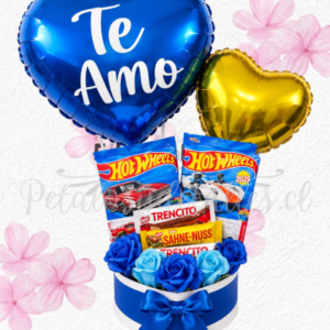 Caja corazón en dulces, rosas de jabón y carritos HOT WHEELS
