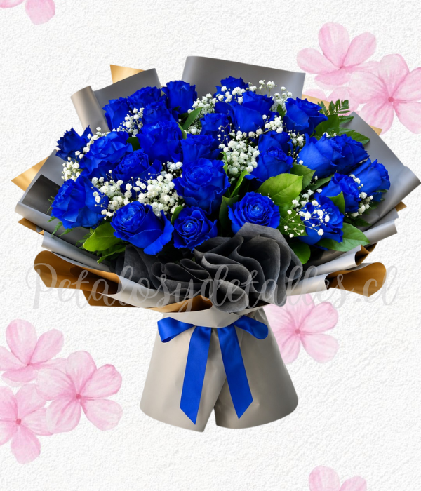 Ramo bouquet en 20 rosas importadas, follaje e ilusión blanco