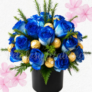 Box sorpresa azul en 20 rosas importadas y 10 bombones