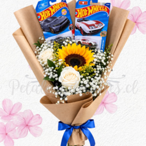 Ramo en 2 carritos HOT WHEELS, 2 rosas importadas y girasol