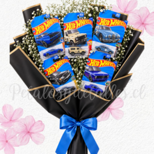 Ramo día del novio en 5 autos HOT WHEELS e ilusión blanca