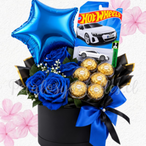 Elegante box en rosas, bombones y auto HOT WHEELS