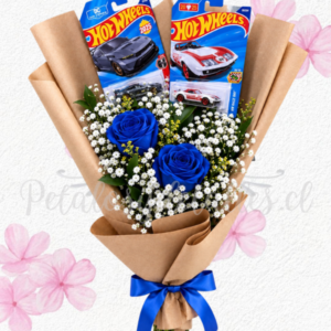 Ramito día del novio en 2 autos HOT WHEELS y 2 rosas