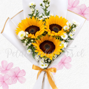 Delicado ramito en 3 girasoles, follaje y lindo envoltorio