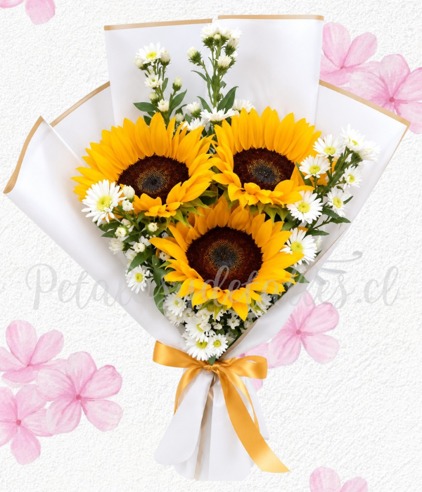 Delicado ramito en 3 girasoles, follaje y lindo envoltorio