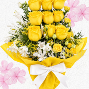 Arreglo base decorada en 9 rosas lineales y follaje de temporada