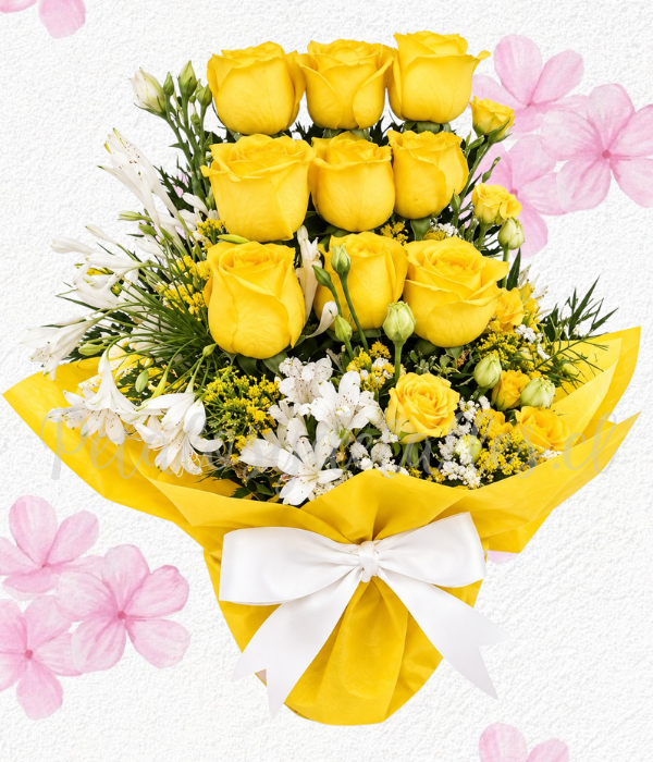 Arreglo base decorada en 9 rosas lineales y follaje de temporada