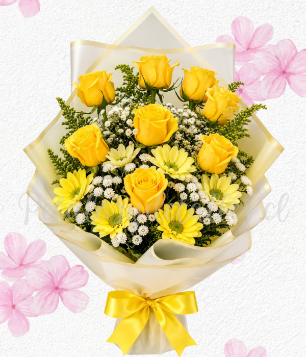 Ramo primavera en 8 rosas importadas y margaritas blancas