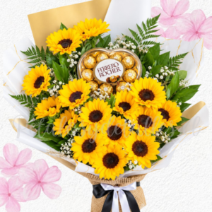 Ramo primavera en 15 girasoles y caja de bombones ferreros 100g