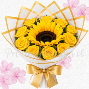 Ramo inicio de primavera en 10 rosas y 1 vara de girasol