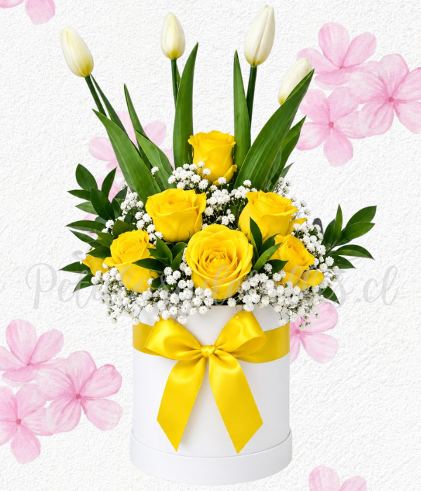 Box floral en 6 rosas importadas, follaje y 4 tulipanes delicados