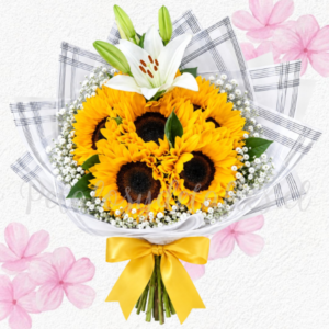 Ramo flores amarillas en 6 varas de girasoles y 1 vara de lilium