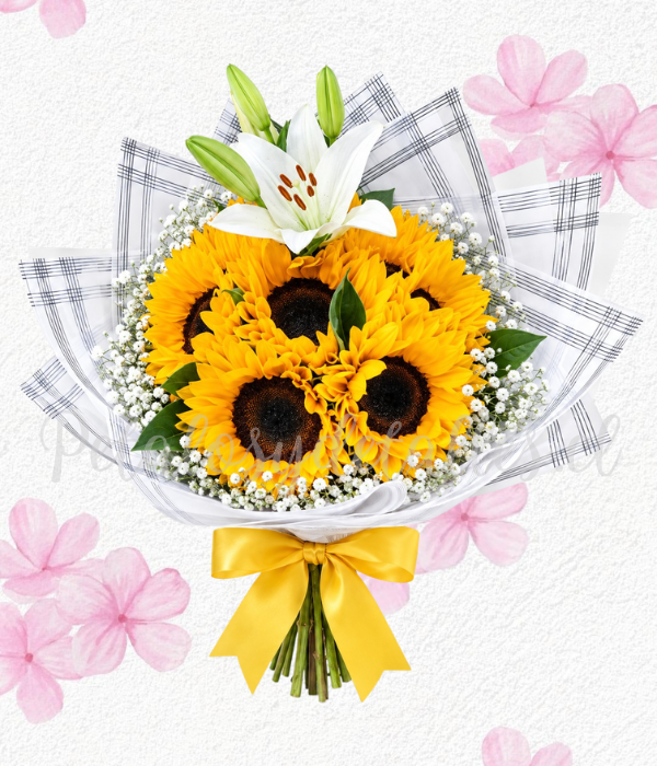 Ramo flores amarillas en 6 varas de girasoles y 1 vara de lilium