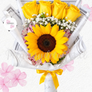 Elegante ramo en 4 rosas importadas y girasol al medio