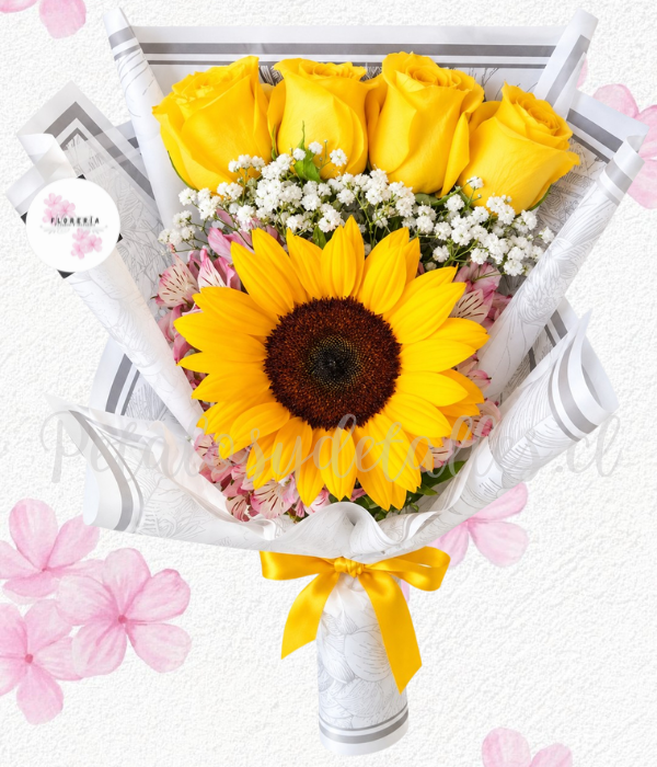 Elegante ramo en 4 rosas importadas y girasol al medio