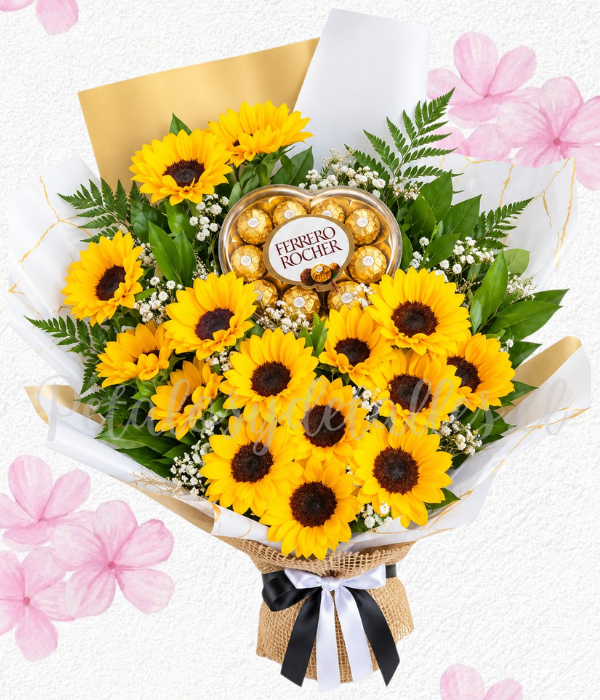 Ramo primavera en 15 girasoles y caja de bombones ferreros 100g